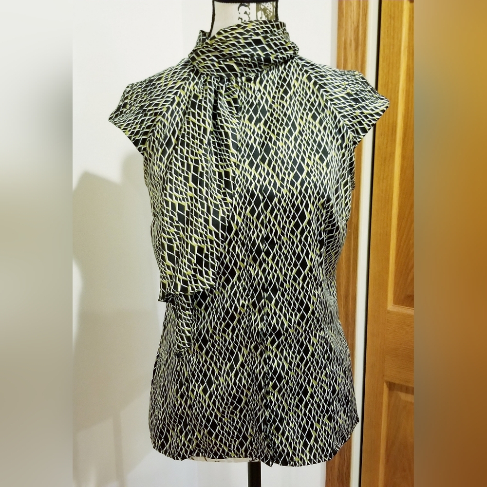 Worthington Green Black Satin High Neck Scarf Blouse Small Office Formal